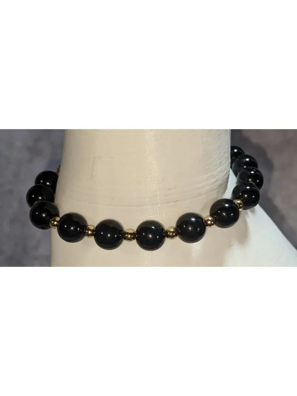 Glam Vintage Monet Black Beaded Bracelet Gold Tone Statement Jewelry